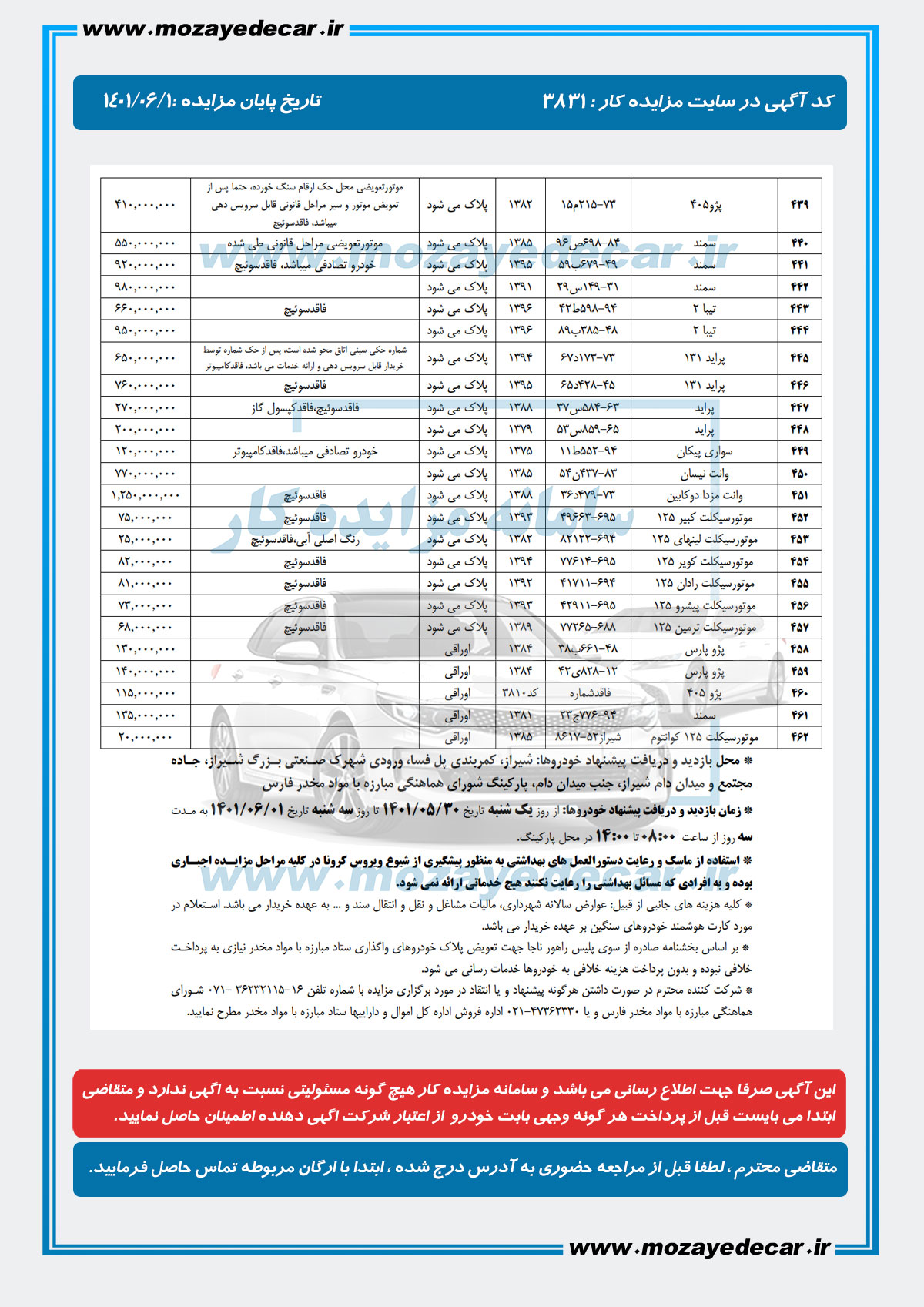 لیست قیمت مزایده شیراز